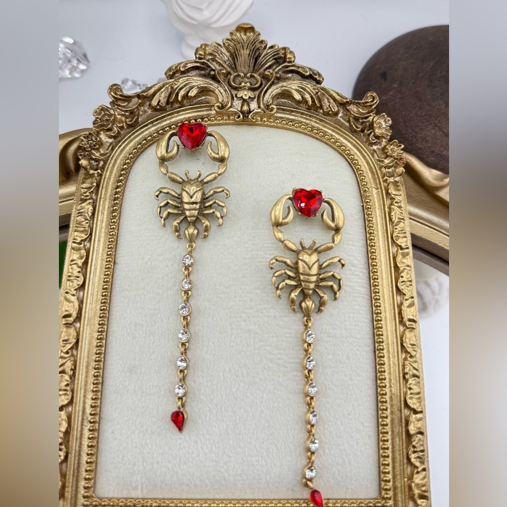 Gothic Scorpion Drop Earrings | Red Crystal Heart & Rhinestone Tail - Picture 6 of 12